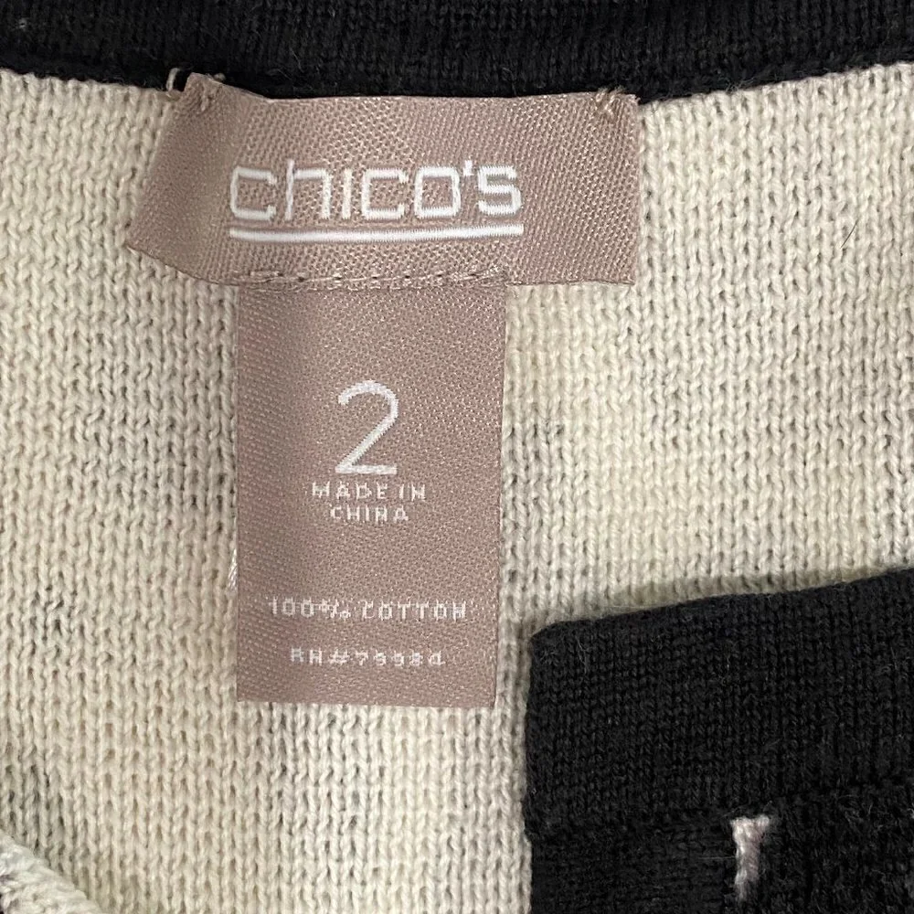 Chico's Women Cardigan Sweater Open Front Short Sleeve Cream Black Pony Print 2